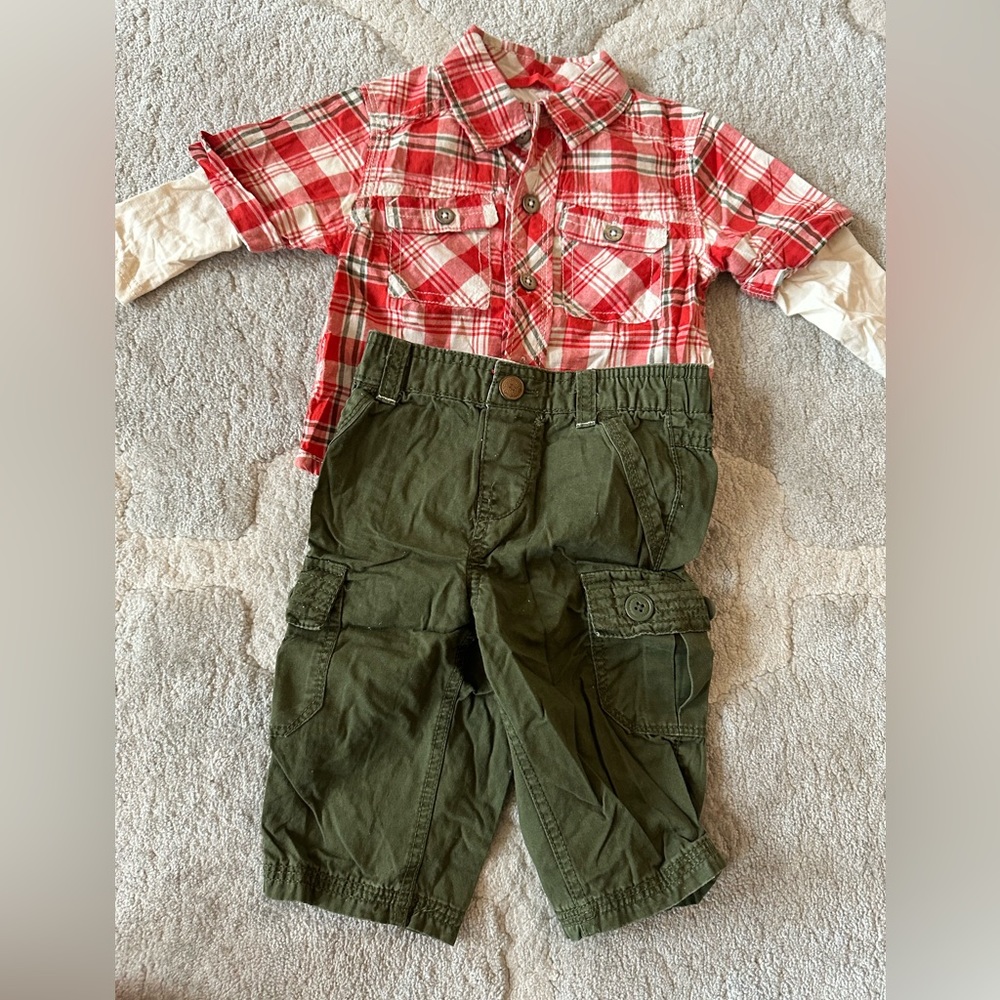 OshKosh - L/S Plaid Shirt w/ Button Front & Cargo Pants - Size 9m